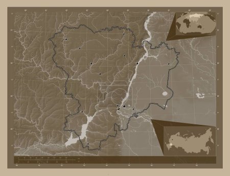 Photo for Volgograd, region of Russia. Elevation map colored in sepia tones with lakes and rivers. Locations of major cities of the region. Corner auxiliary location maps - Royalty Free Image