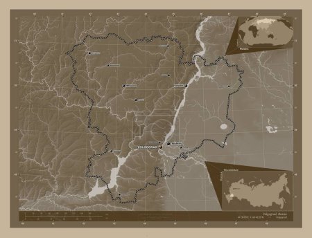 Photo for Volgograd, region of Russia. Elevation map colored in sepia tones with lakes and rivers. Locations and names of major cities of the region. Corner auxiliary location maps - Royalty Free Image