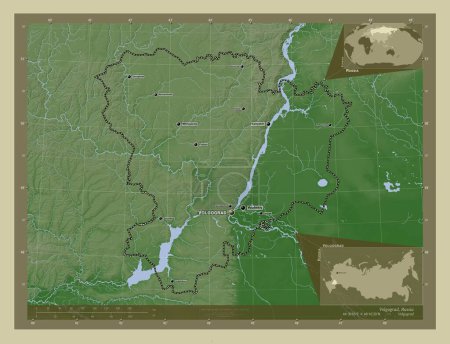 Photo for Volgograd, region of Russia. Elevation map colored in wiki style with lakes and rivers. Locations and names of major cities of the region. Corner auxiliary location maps - Royalty Free Image