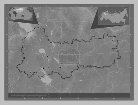 Téléchargez les photos : Vologda, region of Russia. Grayscale elevation map with lakes and rivers. Locations of major cities of the region. Corner auxiliary location maps - en image libre de droit