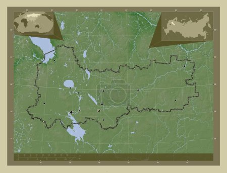 Photo for Vologda, region of Russia. Elevation map colored in wiki style with lakes and rivers. Locations of major cities of the region. Corner auxiliary location maps - Royalty Free Image