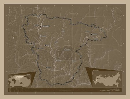 Photo for Voronezh, region of Russia. Elevation map colored in sepia tones with lakes and rivers. Locations and names of major cities of the region. Corner auxiliary location maps - Royalty Free Image