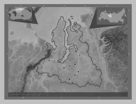 Téléchargez les photos : Yamal-Nenets, autonomous province of Russia. Grayscale elevation map with lakes and rivers. Locations of major cities of the region. Corner auxiliary location maps - en image libre de droit