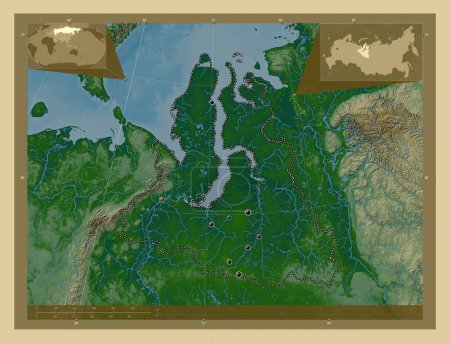 Foto de Yamal-Nenets, autonomous province of Russia. Colored elevation map with lakes and rivers. Locations of major cities of the region. Corner auxiliary location maps - Imagen libre de derechos
