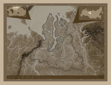 Photo for Yamal-Nenets, autonomous province of Russia. Elevation map colored in sepia tones with lakes and rivers. Locations of major cities of the region. Corner auxiliary location maps - Royalty Free Image