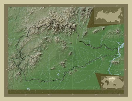 Foto de Yevrey, autonomous region of Russia. Elevation map colored in wiki style with lakes and rivers. Corner auxiliary location maps - Imagen libre de derechos