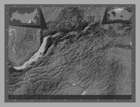 Téléchargez les photos : Zabaykal'ye, territory of Russia. Bilevel elevation map with lakes and rivers. Corner auxiliary location maps - en image libre de droit