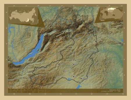 Photo for Zabaykal'ye, territory of Russia. Colored elevation map with lakes and rivers. Locations and names of major cities of the region. Corner auxiliary location maps - Royalty Free Image