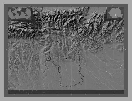 Photo for Arges, county of Romania. Bilevel elevation map with lakes and rivers. Locations of major cities of the region. Corner auxiliary location maps - Royalty Free Image