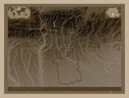 Foto de Arges, county of Romania. Elevation map colored in sepia tones with lakes and rivers. Locations of major cities of the region. Corner auxiliary location maps - Imagen libre de derechos
