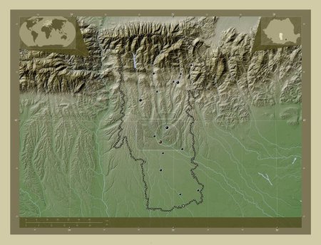 Foto de Arges, county of Romania. Elevation map colored in wiki style with lakes and rivers. Locations of major cities of the region. Corner auxiliary location maps - Imagen libre de derechos
