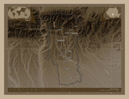 Foto de Arges, county of Romania. Elevation map colored in sepia tones with lakes and rivers. Locations and names of major cities of the region. Corner auxiliary location maps - Imagen libre de derechos