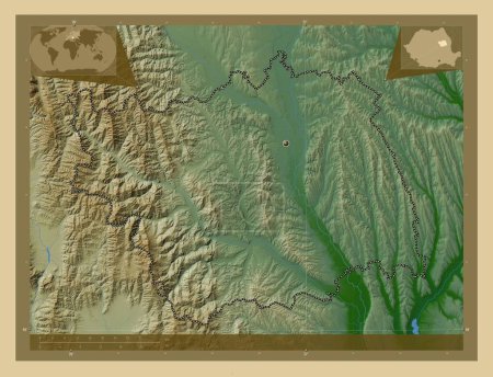 Téléchargez les photos : Bacau, county of Romania. Colored elevation map with lakes and rivers. Corner auxiliary location maps - en image libre de droit