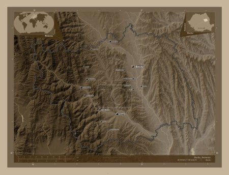 Photo for Bacau, county of Romania. Elevation map colored in sepia tones with lakes and rivers. Locations and names of major cities of the region. Corner auxiliary location maps - Royalty Free Image