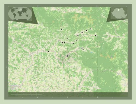 Téléchargez les photos : Bistrita-Nasaud, county of Romania. Open Street Map. Locations of major cities of the region. Corner auxiliary location maps - en image libre de droit
