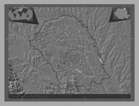 Photo for Botosani, county of Romania. Bilevel elevation map with lakes and rivers. Locations of major cities of the region. Corner auxiliary location maps - Royalty Free Image