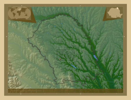 Photo for Botosani, county of Romania. Colored elevation map with lakes and rivers. Corner auxiliary location maps - Royalty Free Image