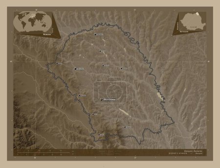 Photo for Botosani, county of Romania. Elevation map colored in sepia tones with lakes and rivers. Locations and names of major cities of the region. Corner auxiliary location maps - Royalty Free Image