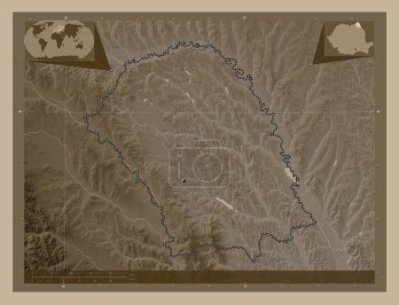 Téléchargez les photos : Botosani, county of Romania. Elevation map colored in sepia tones with lakes and rivers. Corner auxiliary location maps - en image libre de droit