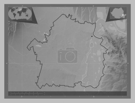 Téléchargez les photos : Braila, county of Romania. Grayscale elevation map with lakes and rivers. Corner auxiliary location maps - en image libre de droit