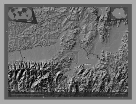 Photo for Brasov, county of Romania. Bilevel elevation map with lakes and rivers. Locations and names of major cities of the region. Corner auxiliary location maps - Royalty Free Image