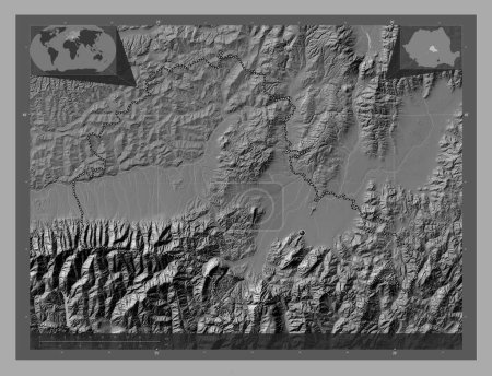 Photo for Brasov, county of Romania. Bilevel elevation map with lakes and rivers. Corner auxiliary location maps - Royalty Free Image