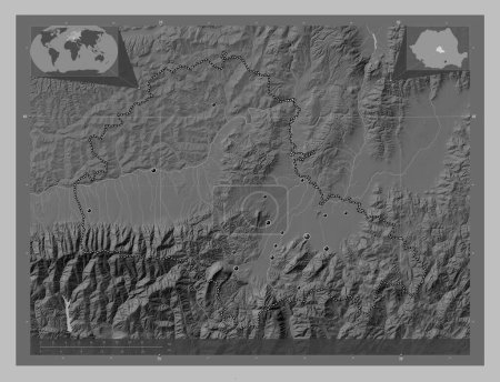 Photo for Brasov, county of Romania. Grayscale elevation map with lakes and rivers. Locations of major cities of the region. Corner auxiliary location maps - Royalty Free Image