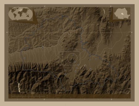 Téléchargez les photos : Brasov, county of Romania. Elevation map colored in sepia tones with lakes and rivers. Locations of major cities of the region. Corner auxiliary location maps - en image libre de droit