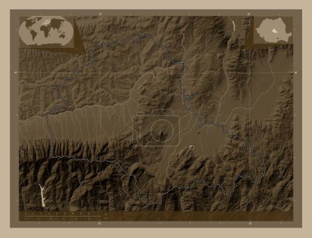 Photo for Brasov, county of Romania. Elevation map colored in sepia tones with lakes and rivers. Corner auxiliary location maps - Royalty Free Image