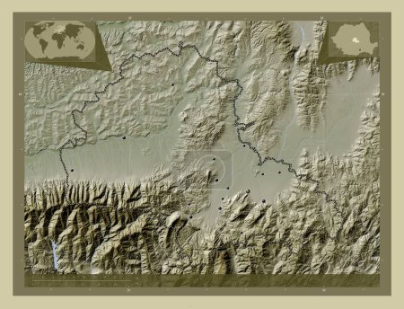 Photo for Brasov, county of Romania. Elevation map colored in wiki style with lakes and rivers. Locations of major cities of the region. Corner auxiliary location maps - Royalty Free Image