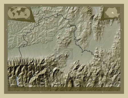 Photo for Brasov, county of Romania. Elevation map colored in wiki style with lakes and rivers. Corner auxiliary location maps - Royalty Free Image
