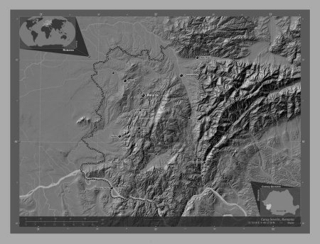 Foto de Caras-Severin, county of Romania. Bilevel elevation map with lakes and rivers. Locations and names of major cities of the region. Corner auxiliary location maps - Imagen libre de derechos