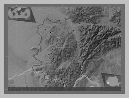 Foto de Caras-Severin, county of Romania. Grayscale elevation map with lakes and rivers. Locations of major cities of the region. Corner auxiliary location maps - Imagen libre de derechos