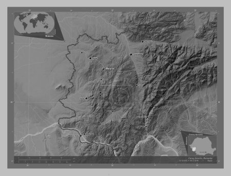 Foto de Caras-Severin, county of Romania. Grayscale elevation map with lakes and rivers. Locations and names of major cities of the region. Corner auxiliary location maps - Imagen libre de derechos