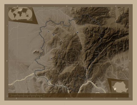 Foto de Caras-Severin, county of Romania. Elevation map colored in sepia tones with lakes and rivers. Locations of major cities of the region. Corner auxiliary location maps - Imagen libre de derechos