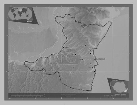 Téléchargez les photos : Constanta, county of Romania. Grayscale elevation map with lakes and rivers. Locations and names of major cities of the region. Corner auxiliary location maps - en image libre de droit