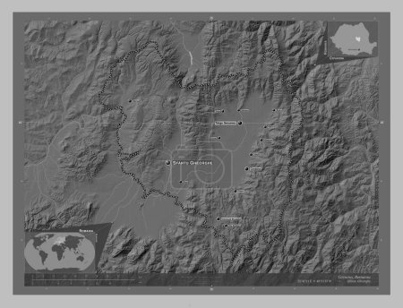 Foto de Covasna, county of Romania. Grayscale elevation map with lakes and rivers. Locations and names of major cities of the region. Corner auxiliary location maps - Imagen libre de derechos