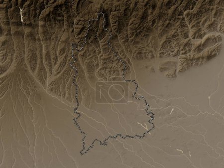 Téléchargez les photos : Dambovita, county of Romania. Elevation map colored in sepia tones with lakes and rivers - en image libre de droit