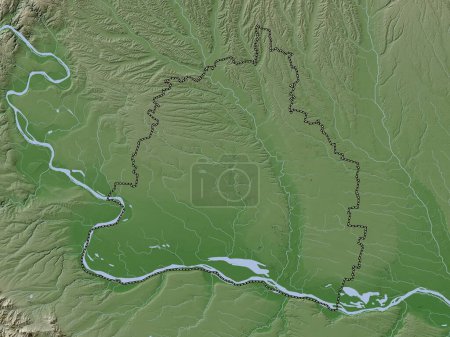 Téléchargez les photos : Dolj, county of Romania. Elevation map colored in wiki style with lakes and rivers - en image libre de droit