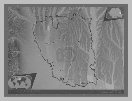 Téléchargez les photos : Galati, county of Romania. Grayscale elevation map with lakes and rivers. Locations and names of major cities of the region. Corner auxiliary location maps - en image libre de droit