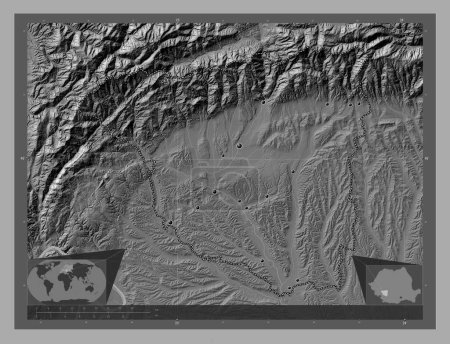 Téléchargez les photos : Gorj, county of Romania. Bilevel elevation map with lakes and rivers. Locations of major cities of the region. Corner auxiliary location maps - en image libre de droit