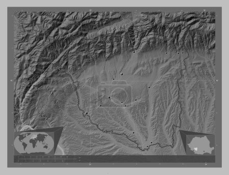 Téléchargez les photos : Gorj, county of Romania. Grayscale elevation map with lakes and rivers. Locations of major cities of the region. Corner auxiliary location maps - en image libre de droit