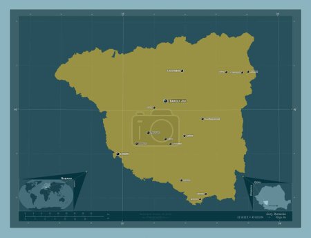 Téléchargez les photos : Gorj, county of Romania. Solid color shape. Locations and names of major cities of the region. Corner auxiliary location maps - en image libre de droit