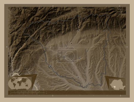 Photo for Gorj, county of Romania. Elevation map colored in sepia tones with lakes and rivers. Locations of major cities of the region. Corner auxiliary location maps - Royalty Free Image