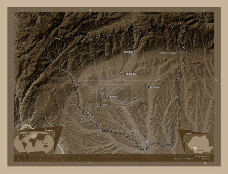 Photo for Gorj, county of Romania. Elevation map colored in sepia tones with lakes and rivers. Locations and names of major cities of the region. Corner auxiliary location maps - Royalty Free Image