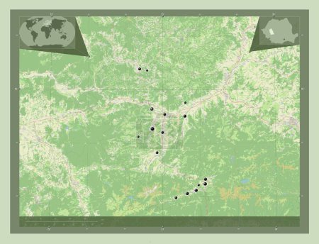 Téléchargez les photos : Hunedoara, county of Romania. Open Street Map. Locations of major cities of the region. Corner auxiliary location maps - en image libre de droit