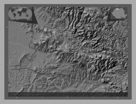 Photo for Maramures, county of Romania. Bilevel elevation map with lakes and rivers. Locations of major cities of the region. Corner auxiliary location maps - Royalty Free Image