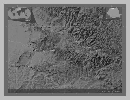 Téléchargez les photos : Maramures, county of Romania. Grayscale elevation map with lakes and rivers. Locations and names of major cities of the region. Corner auxiliary location maps - en image libre de droit