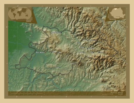 Photo for Maramures, county of Romania. Colored elevation map with lakes and rivers. Locations and names of major cities of the region. Corner auxiliary location maps - Royalty Free Image