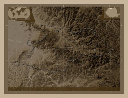Téléchargez les photos : Maramures, county of Romania. Elevation map colored in sepia tones with lakes and rivers. Locations of major cities of the region. Corner auxiliary location maps - en image libre de droit